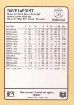 1988 Donruss Baseball's Best #123 Dave LaPoint Back