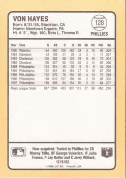 1988 Donruss Baseball's Best #128 Von Hayes Back