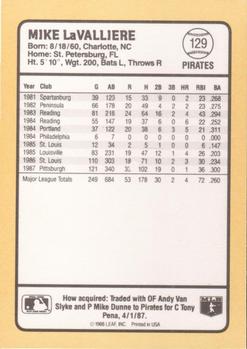 1988 Donruss Baseball's Best #129 Mike LaValliere Back
