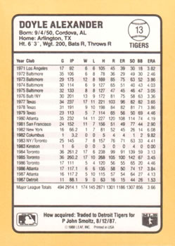 1988 Donruss Baseball's Best #13 Doyle Alexander Back