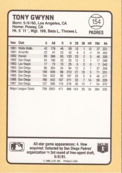 1988 Donruss Baseball's Best #154 Tony Gwynn Back