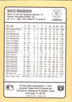 1988 Donruss Baseball's Best #161 Rick Rhoden Back