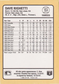 1988 Donruss Baseball's Best #164 Dave Righetti Back
