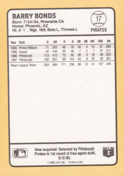 1988 Donruss Baseball's Best #17 Barry Bonds Back