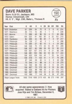 1988 Donruss Baseball's Best #190 Dave Parker Back