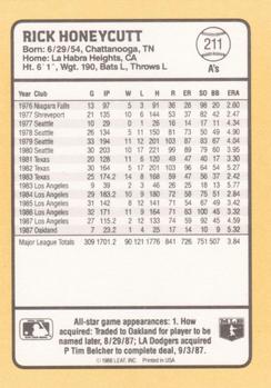 1988 Donruss Baseball's Best #211 Rick Honeycutt Back