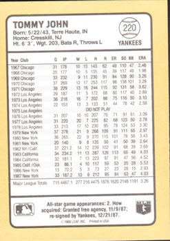 1988 Donruss Baseball's Best #220 Tommy John Back