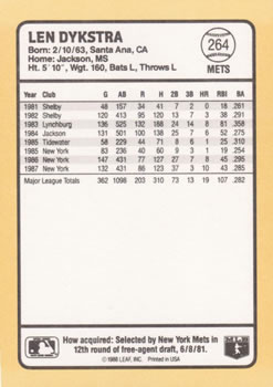 1988 Donruss Baseball's Best #264 Lenny Dykstra Back