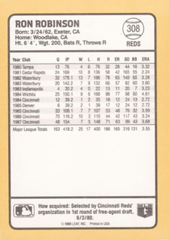 1988 Donruss Baseball's Best #308 Ron Robinson Back