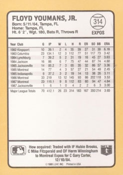 1988 Donruss Baseball's Best #314 Floyd Youmans Back