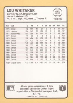 1988 Donruss Baseball's Best #315 Lou Whitaker Back