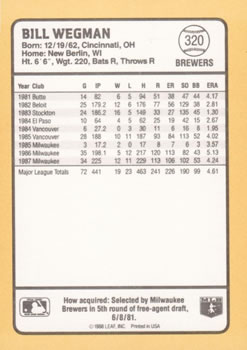 1988 Donruss Baseball's Best #320 Bill Wegman Back