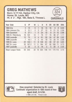 1988 Donruss Baseball's Best #324 Greg Mathews Back