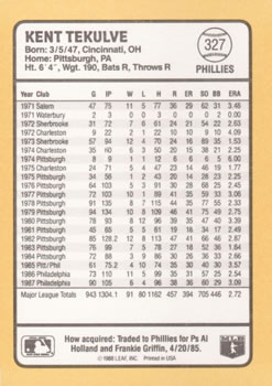 1988 Donruss Baseball's Best #327 Kent Tekulve Back