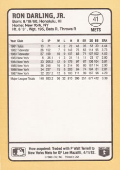 1988 Donruss Baseball's Best #41 Ron Darling Back