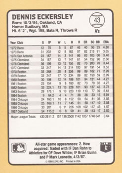 1988 Donruss Baseball's Best #43 Dennis Eckersley Back