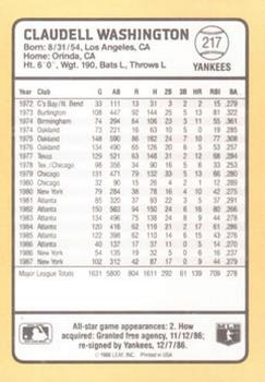 1988 Donruss Baseball's Best #217 Claudell Washington Back