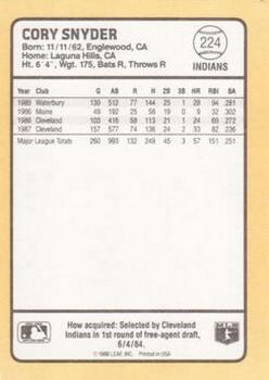 1988 Donruss Baseball's Best #224 Cory Snyder Back