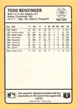 1988 Donruss Baseball's Best #289 Todd Benzinger Back