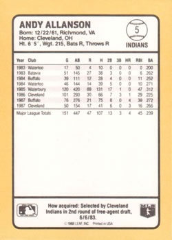 1988 Donruss Baseball's Best #5 Andy Allanson Back