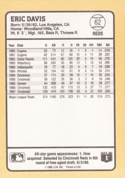 1988 Donruss Baseball's Best #62 Eric Davis Back
