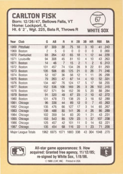 1988 Donruss Baseball's Best #67 Carlton Fisk Back
