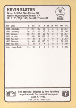 1988 Donruss Baseball's Best #70 Kevin Elster Back