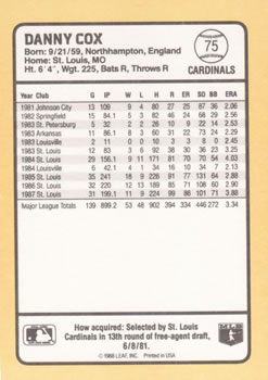 1988 Donruss Baseball's Best #75 Danny Cox Back