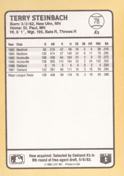 1988 Donruss Baseball's Best #78 Terry Steinbach Back