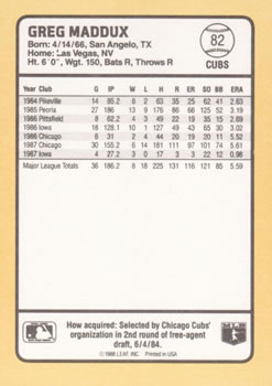 1988 Donruss Baseball's Best #82 Greg Maddux Back
