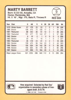 1988 Donruss Baseball's Best #9 Marty Barrett Back
