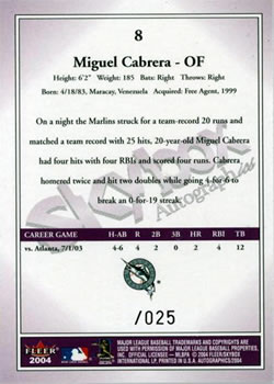 2004 SkyBox Autographics #8 Miguel Cabrera Back