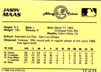 1989 Star Albany-Colonie Yankees #12 Jason Maas Back