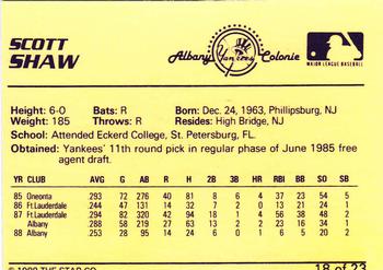 1989 Star Albany-Colonie Yankees #18 Scott Shaw Back
