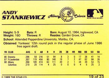 1989 Star Albany-Colonie Yankees #19 Andy Stankiewicz Back