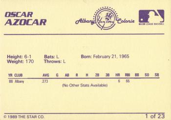 1989 Star Albany-Colonie Yankees #1 Oscar Azocar Back