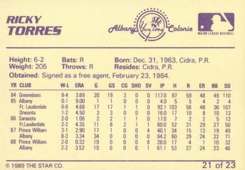 1989 Star Albany-Colonie Yankees #21 Ricky Torres Back
