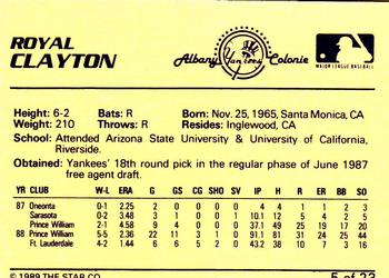 1989 Star Albany-Colonie Yankees #5 Royal Clayton Back