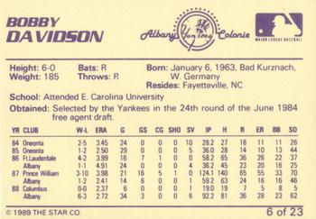 1989 Star Albany-Colonie Yankees #6 Bobby Davidson Back