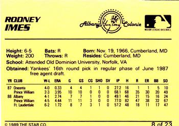 1989 Star Albany-Colonie Yankees #8 Rodney Imes Back
