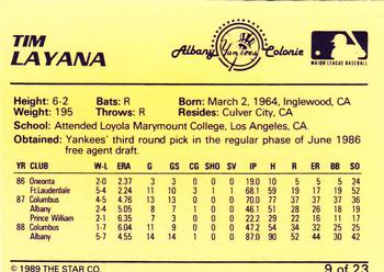 1989 Star Albany-Colonie Yankees #9 Tim Layana Back