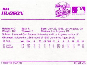 1989 Star Baseball City Royals #10 Jim Hudson Back