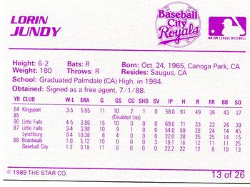 1989 Star Baseball City Royals #13 Lorin Jundy Back