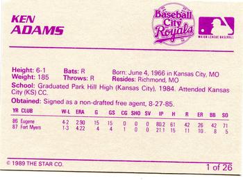 1989 Star Baseball City Royals #1 Ken Adams Back