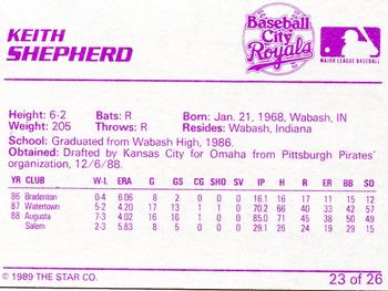 1989 Star Baseball City Royals #23 Keith Shepherd Back