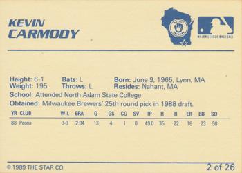 1989 Star Beloit Brewers I #2 Kevin Carmody Back