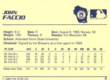 1989 Star Beloit Brewers I #4 John Faccio Back
