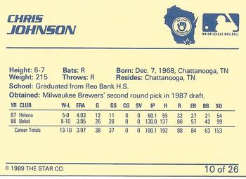 1989 Star Beloit Brewers I #10 Chris Johnson Back