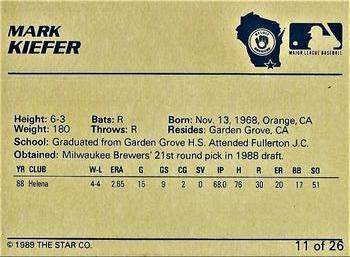 1989 Star Beloit Brewers I #11 Mark Kiefer Back