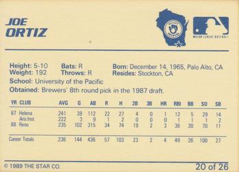 1989 Star Beloit Brewers I #20 Joe Ortiz Back